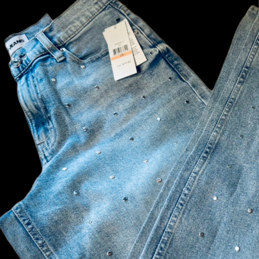 DKNY Light Blue Studded Wide Leg Jeans - Picture 3 of 11